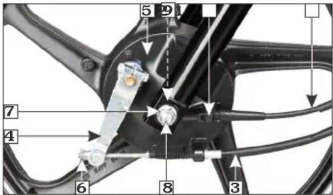 Technical diagram of a bicycle suspension system with numbered components and directional arrows indicating assembly or movement.