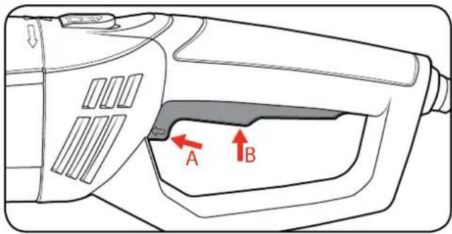 Technical diagram of a device with labeled components A and B, showing internal structure and directional arrows.