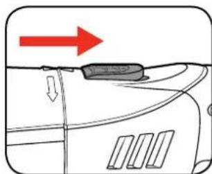 Diagram showing a vehicle's rearview and side profile with directional arrows and a highlighted component