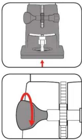 Technical diagram showing mechanical assembly with force application and rotation indicator