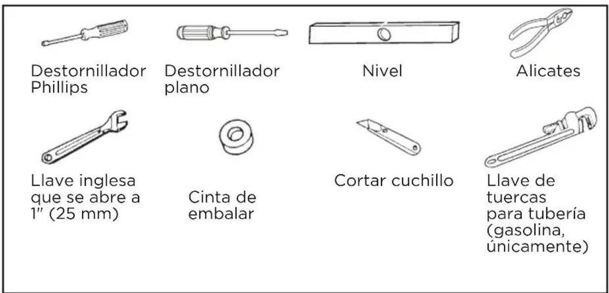 Destornillador Phillips Destornillador plano Nivel Alicates Llave inglesa que se abre a 1" (25 mm) Cinta de embalar Cortar cuchillo Llave de tuercas para tubería (gasolina, únicamente)
