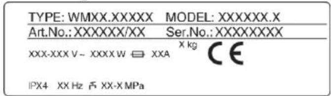 TYPE: WMXX.XXXXXX MODEL: XXXXXX.X Art.No.: XXXXXXX/XX Ser.No.: XXXXXXXXX XXX-XXX V - XXXX W ≡ XXA X kg CE IPX4 XX Hz P XX-X MPa