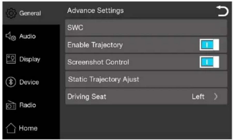 General Advance Settings SWC Enable Trajectory Screenshot Control Static Trajectory Ajust Driving Seat Left > Audio Display Device Radio Home