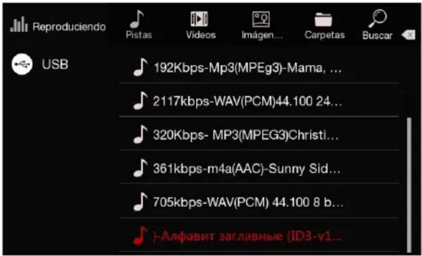 Reproduciendo USB Pistas Videos Imágen... Carpetas Buscar 192Kbps-Mp3(MPEg3)-Mama, ... 2117kbps-WAV(PCM)44.100 24... 320Kbps- MP3(MPEG3)Christi... 361kbps-m4a(AAC)-Sunny Sid... 705kbps-WAV(PCM) 44.100 8 b... )-Алфавит заглавные (ID3-v1...