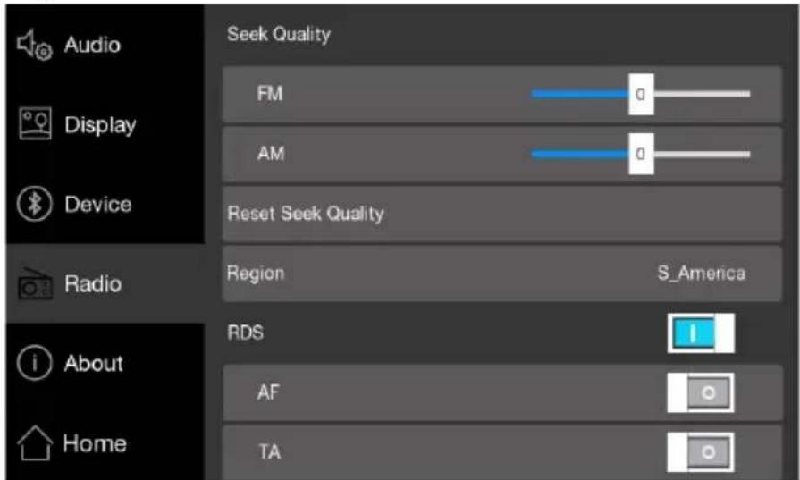 Audio Display Device Radio About Home Seek Quality FM 0 AM 0 Reset Seek Quality Region S_America RDS AF TA
