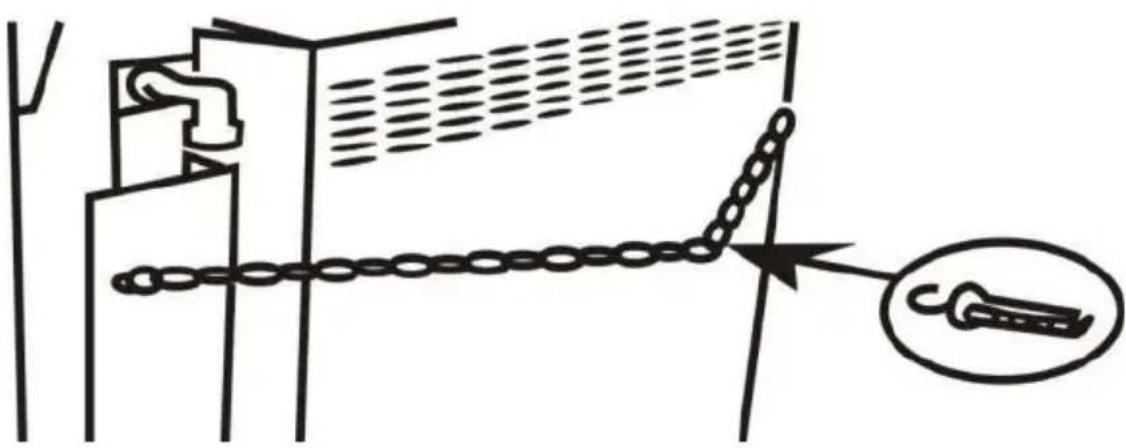 Diagram showing a chain being pulled into a lock, with an inset highlighting the hook mechanism.