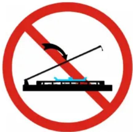 Prohibition sign indicating no obstruction, featuring a hand operating a lever with a small boat below.