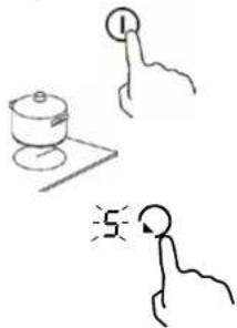 Hand-drawn diagram showing a cooking pot, a hand pointing to a labeled object, and a stick figure with a light indicator.