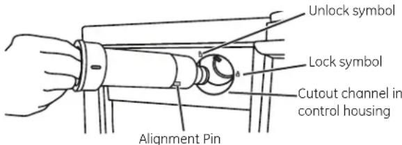 Unlock symbol Lock symbol Cutout channel in control housing Alignment Pin