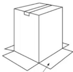 Simple line drawing of a 3D box placed on a flat base with an arrow indicating direction (no text or symbols)
