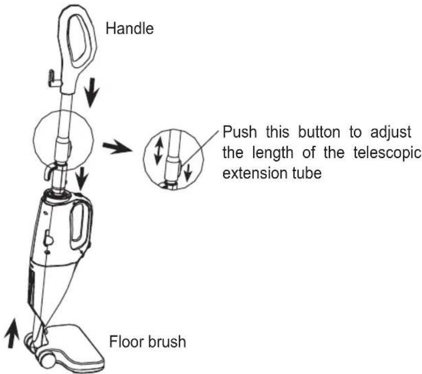 Handle Floor brush Push this button to adjust the length of the telescopic extension tube