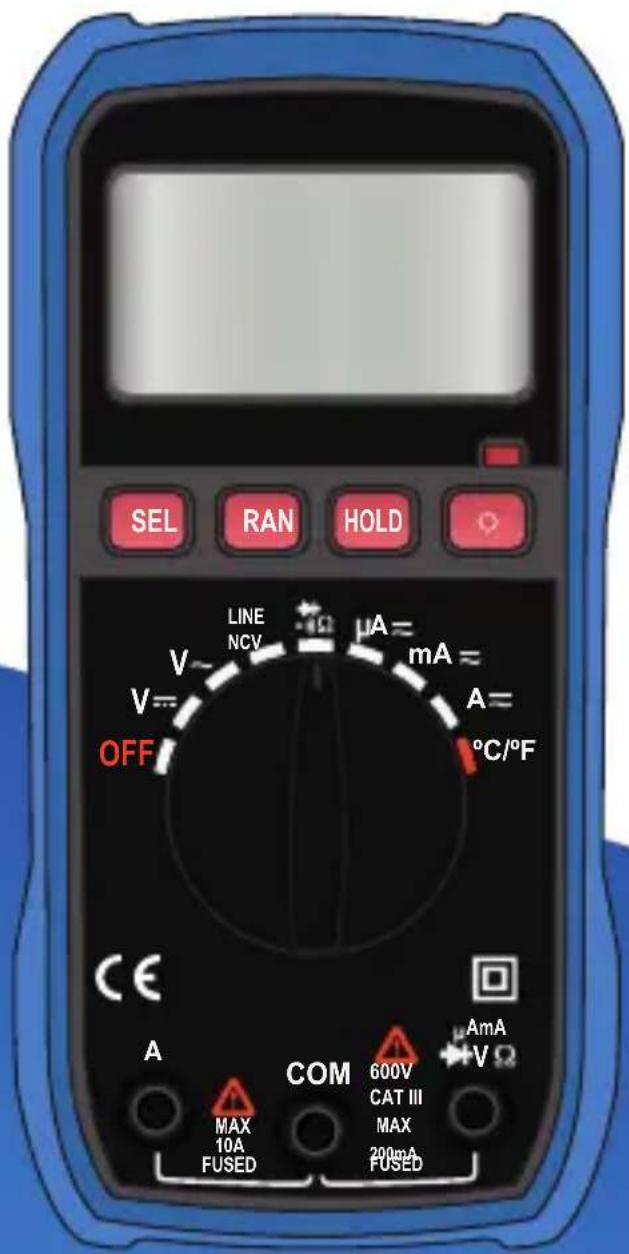 SEL RAN HOLD LINE NCV μA= V~ V= OFF mA= A= °C/°F CE A COM 600V AmA 10A CAT III MAX 200mA FUSED FUSED VΩ