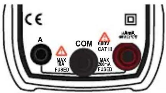 CE A COM 600V CAT III AmA MAX 10A FUSED MAX 200mA FUSED