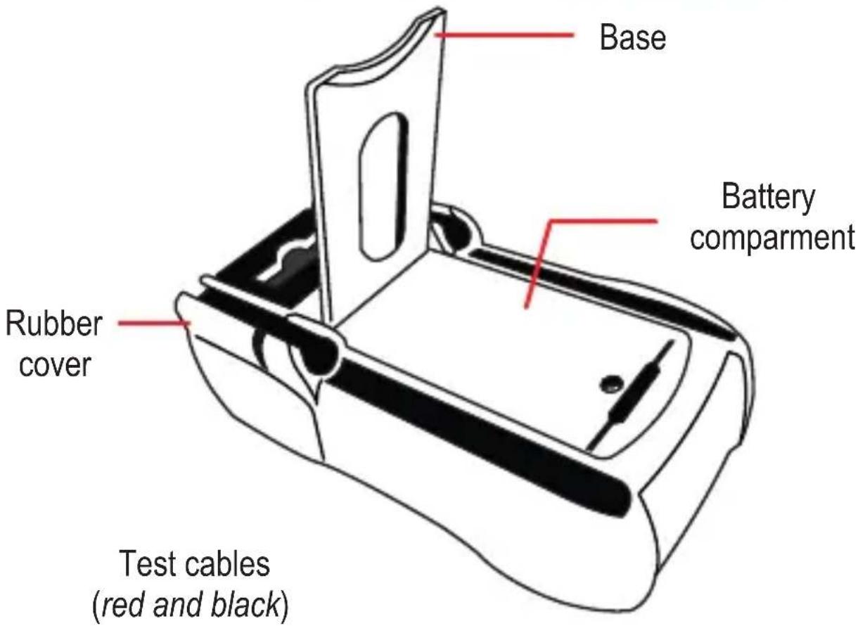 Base Battery compartment Rubber cover Test cables (red and black)