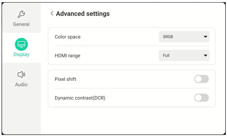 Advanced settings General Color space SRGB Display HDMI range Full Audio Pixel shift Dynamic contrast(DCR)