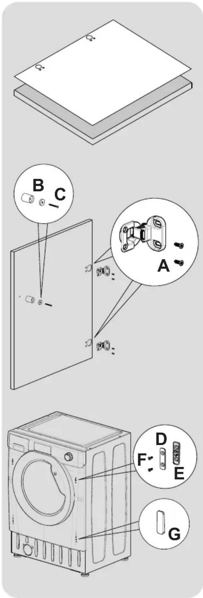 Technical diagram showing exploded view of a washing machine with labeled components A through G