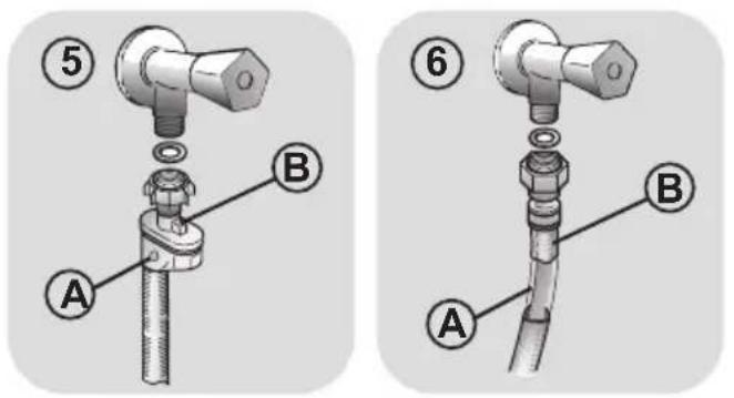 Technical diagram showing two configurations of a pipe fitting with labeled parts A and B, numbered 5 and 6.