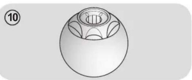 Technical line drawing of a mechanical component with a spherical body and internal cavity (no text or symbols)