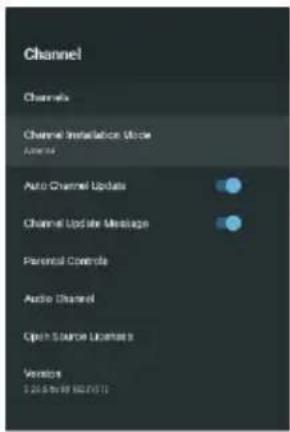 Channel Channels Channel Installation Window Auto Channel Updates Channel Update Message Parental Controls Audio Channel Open Source Licenses Versiona 5.20.07.09 18:00:17