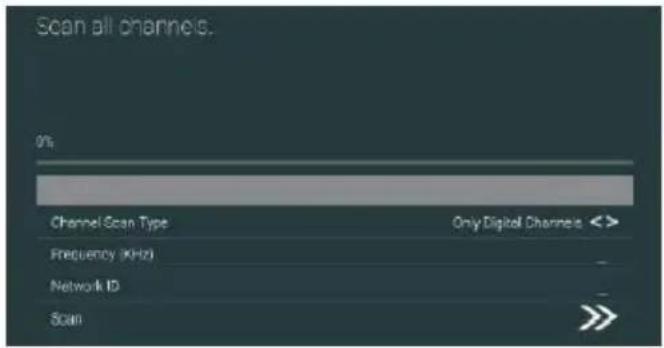 Scan all channels. 0% Channel Scan Type Only Digital Channels Frequency (kHz) Network ID Scan