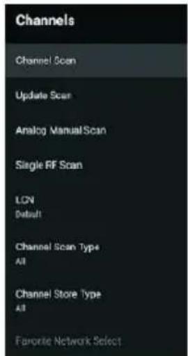 Channels Channel Scan Update Scan Analog Manual Scan Single RF Scan LCN Default Channel Scan Type All Channel Store Type All Favorite Network Select