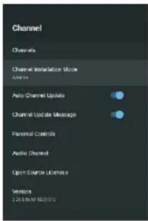Channel Channels Channel Installation Mode Auto Auto Channel Updates Channel Update Message Parental Controls Audio Channel Open Source License Version 1.25.5.04 1637079