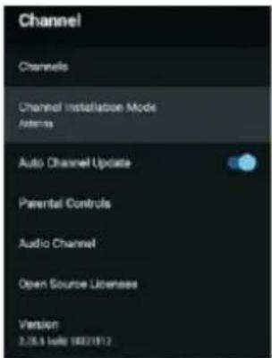 Channel Channels Channel Installation Mode Adapters Auto Channel Update Parental Controls Audio Channel Open Source Licenses Version 3.25.1 Suite 10021812