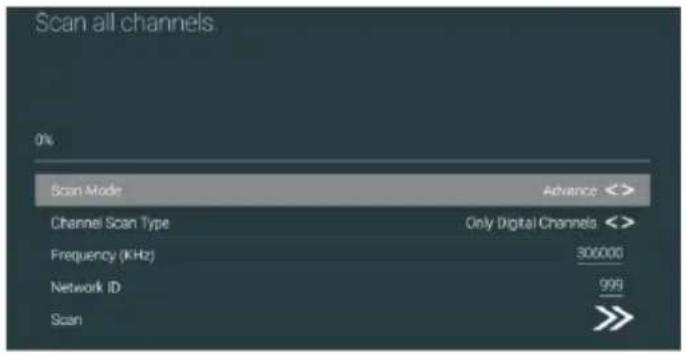 Scan all channels 0% Scan Mode Advance Channel Scan Type Only Digital Channels Frequency (kHz) 306000 Network ID 999 Scan