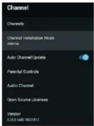 Channel Channels Channel Installation Mode Antenna Auto Channel Update Parental Controls Audio Channel Open Source Licenses Version 2.05.9 Hells 180270172