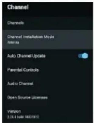 Channel Channels Channel Installation Mode Refining Auto Channel Update Parental Controls Audio Channel Open Source Licenses Version 2.28.4 Suite 10021812