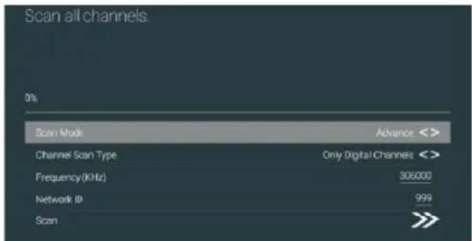 Scan all channels 0% Scan Mode Advance <> Channel Scan Type Only Digital Channels <> Frequency (KHz) 306000 Network ID 999 Scan >>>