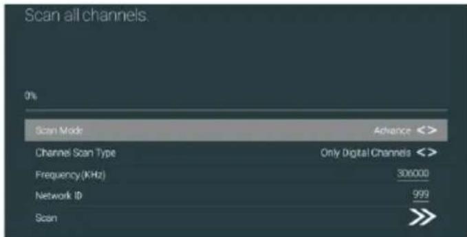 Scan all channels 0% Scan Mode Advance Channel Scan Type Only Digital Channels Frequency (KHz) 306000 Network ID 999 Scan >>>