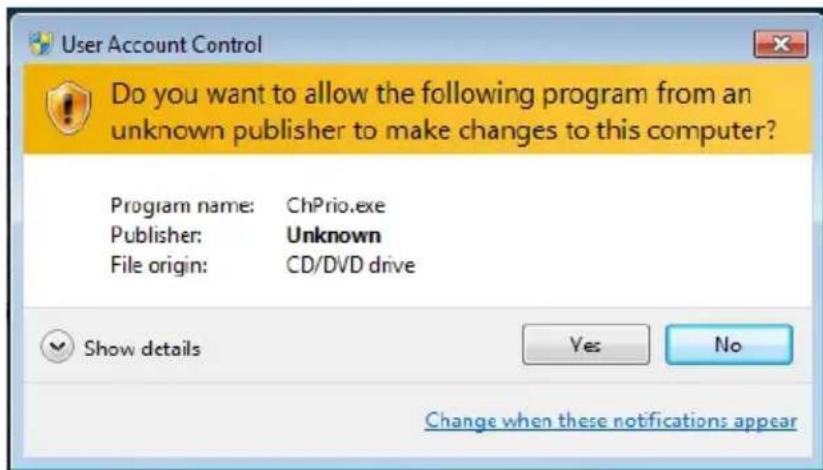 User Account Control Do you want to allow the following program from an unknown publisher to make changes to this computer? Program name: ChPrio.exe Publisher: Unknown File origin: CD/DVD drive Show details Yes No Change when these notifications appear