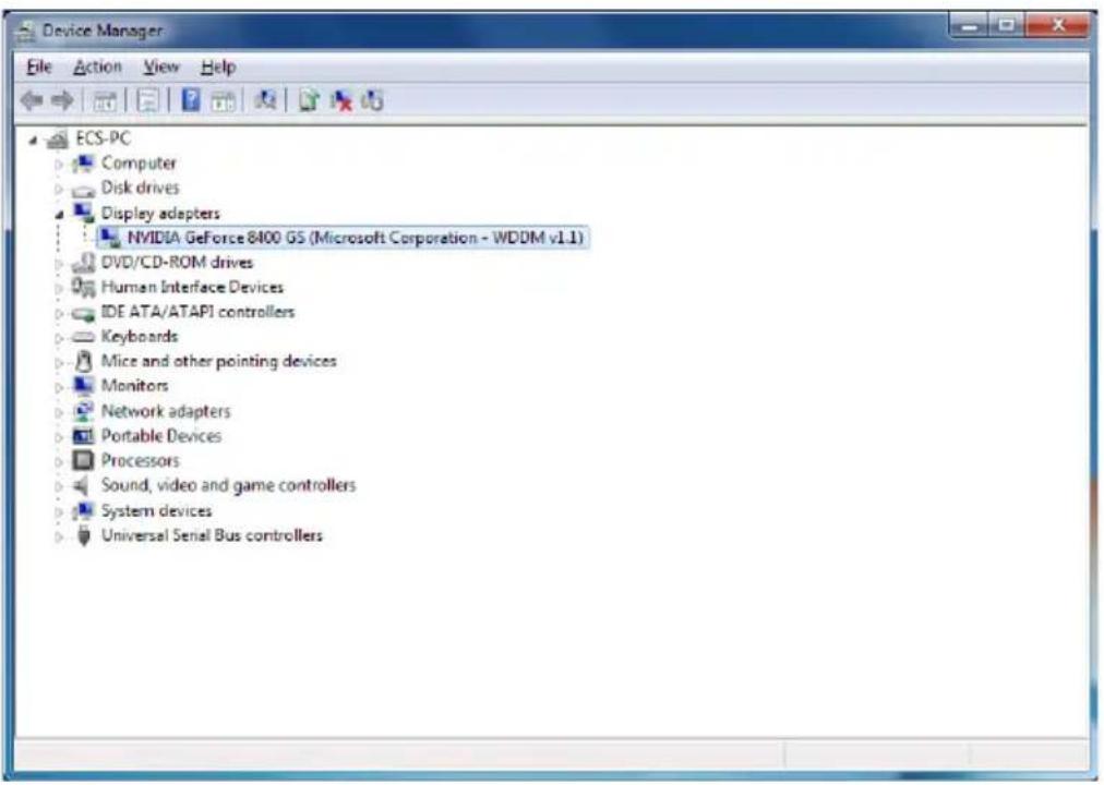 Device Manager File Action View Help ECS-PC Computer Disk drives Display adapters NVIDIA GeForce 8400 GS (Microsoft Corporation - WDDM v1.1) DVD/CD-ROM drives Human Interface Devices IDE ATA/ATAPI controllers Keyboards Mice and other pointing devices Monitors Network adapters Portable Devices Processors Sound, video and game controllers System devices Universal Serial Bus controllers