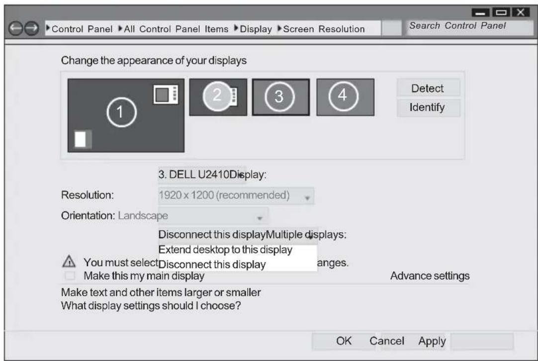 Control Panel ▶ All Control Panel Items ▶ Display ▶ Screen Resolution Change the appearance of your displays 1 2 3 4 Detect Identify Resolution: 1920 x 1200 (recommended) Orientation: Landscape 3. DELL U2410Display: Disconnect this displayMultiple displays: Extend desktop to this display You must select Disconnect this display Make this my main display Advance settings Make text and other items larger or smaller What display settings should I choose? OK Cancel Apply