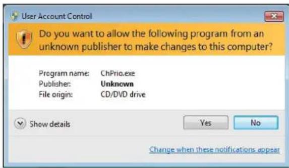 User Account Control Do you want to allow the following program from an unknown publisher to make changes to this computer? Program name: ChPrio.exe Publisher: Unknown File origin: CD/DVD drive Show details Yes No Change when these notifications appear