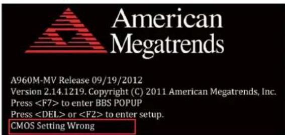 American Megatrends A960M-MV Release 09/19/2012 Version 2.14.1219. Copyright (C) 2011 American Megatrends, Inc. Press to enter BBS POPUP Press or to enter setup. CMOS Setting Wrong