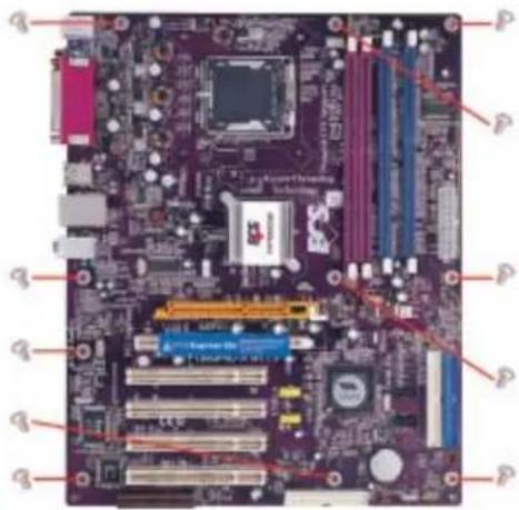 Labeled diagram of a computer motherboard showing CPU socket, RAM slots, and memory chips with red annotations indicating ports.