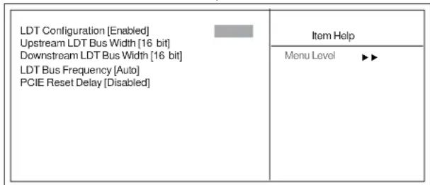 LDT Configuration [Enabled] Upstream LDT Bus Width [16 bit] Downstream LDT Bus Width [16 bit] LDT Bus Frequency [Auto] PCIE Reset Delay [Disabled] Item Help Menu Level ▶▶