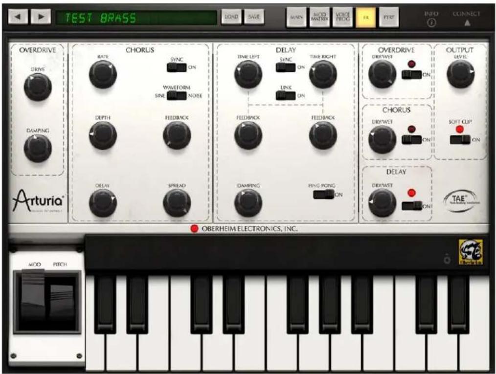 TEST BRASS LOAD SAVE MUN MODE MATERN VERS FIDG PA PFE INFO CONNECT OVERDRIVE DRIVE DAMPING CHORUS RATE SYNC ON WAVEFORM SINE NOISE DEPTH FEEDBACK DELAY SPREAD TIME LEFT DELAY TIME RIGHT SYNC ON LINK ON FEEDBACK FEEDMOCK DAMPING PING PONG ON OVERDRIVE OUTPUT LEVEL DIREWET ON CHORUS DIREWET ON SOFT CLIP® ON DELAY DIREWET ON TAE® MOD PITCH OBERHEIM ELECTRONICS, INC.