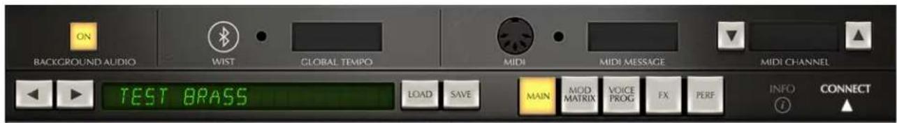 ON BACKGROUND AUDIO WIST GLOBAL TEMPO MIDI MIDI MESSAGE MIDI CHANNEL TEST BRASS LOAD SAVE MAIN MOD MATRIX VOICE PROG FX PERF INFO CONNECT