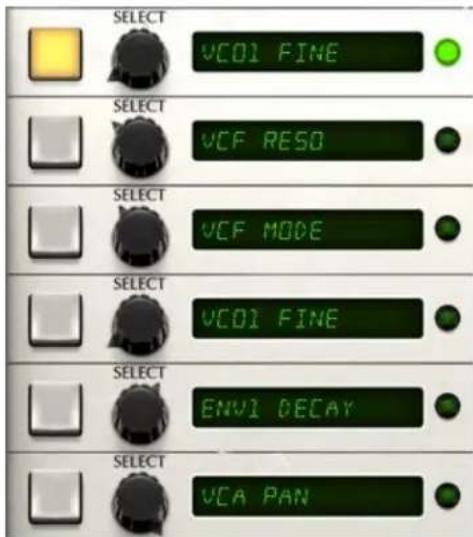 SELECT VCOI FINE SELECT VCF RESO SELECT VCF MODE SELECT VCOI FINE SELECT ENV1 DECAY SELECT VCA PAN