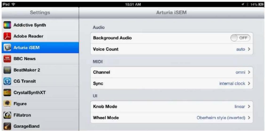 iPad Settings Addictive Synth Adobe Reader Arturia iSEM BBC News BeatMaker 2 CG Transit CrystalSynthXT Figure Filtatron GarageBand Arturia iSEM Audio Background Audio OFF Voice Count auto > MIDI Channel omni > Sync internal clock > UI Knob Mode linear > Wheel Mode Oberheim style (inverted ) >
