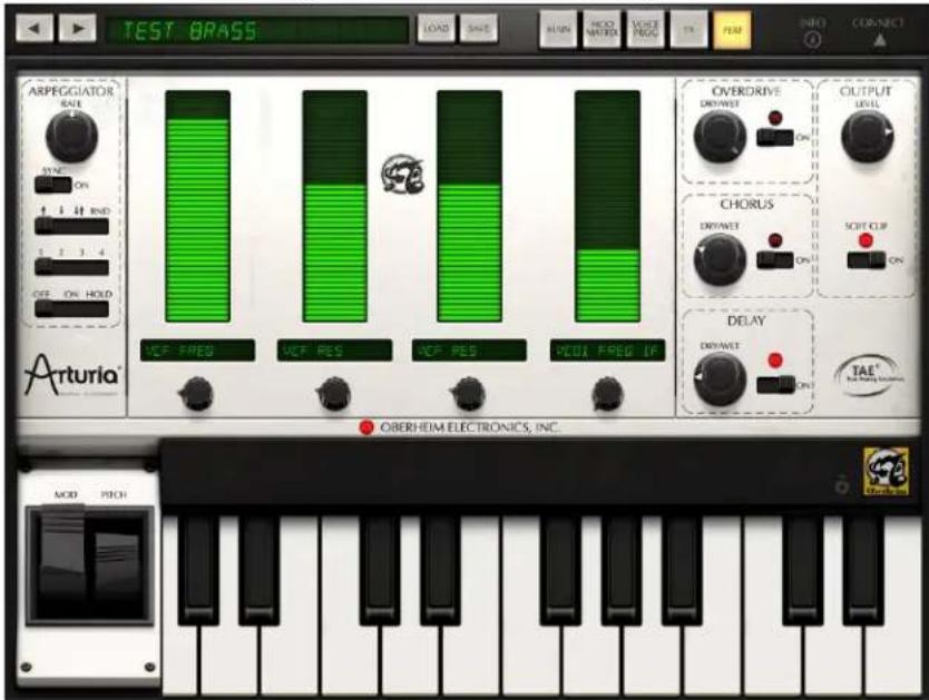 TEST BRASS LOAD SAVE TURN MODE NATED VOLT MODE TX FLOW INPUT CONNECT ARPEGGIATOR RATE SYNC ON 1 2 3 4 OFF ON HOLD VCR PRED VCR SES VCR SES VCOI PRED UP OVERDRIVE DRIVNET ON CHORUS DRIVNET ON SOFT CLIP ON DELAY DRIVNET ON OBERHEIM ELECTRONICS, INC. MOD PICH TAE® Arturia®