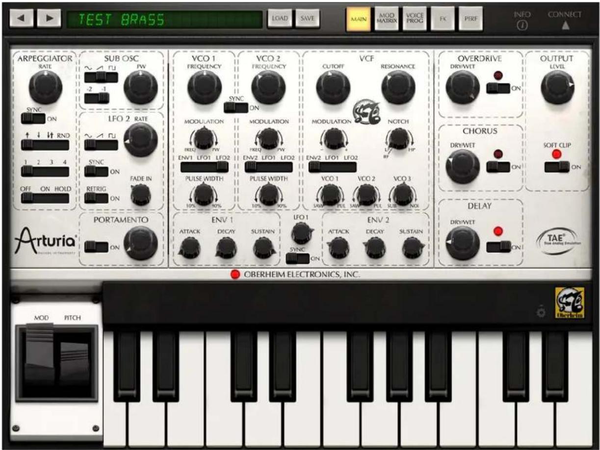 TEST BRASS LOAD SAVE MAIN MOD MATRIX VOICE PROG FX PSFE INFO CONNECT ARPEGGIATOR RATE SYNC ON SUB OSC ~ TU FW 2 1 LFO 2 RATE ~ TU SYNC ON RETRIG ON FADE IN PORTAMENTO ON VCO 1 FREQUENCY SYNC ON MODULATION FREQ NW PW ENV1 LFO1 LFO2 PULSE WIDTH 10% 80% ENV 2 LFO1 LFO2 PULSE WIDTH 10% 50% VCO 1 VCO 2 VCO 3 CUTOFF RESONANCE MODULATION NOTCH LV/HP VCO 1 VCO 2 VCO 3 SAMP FILL SAMP FILL SUB NOE OBERHEIM ELECTRONICS, INC. ORANGE CONTROL OUTDO UVELE CHORUS DRYWET ON SOFT CLIP ON DELAY DRYWET ON TAE® New Analog Emulsion MOD PITCH