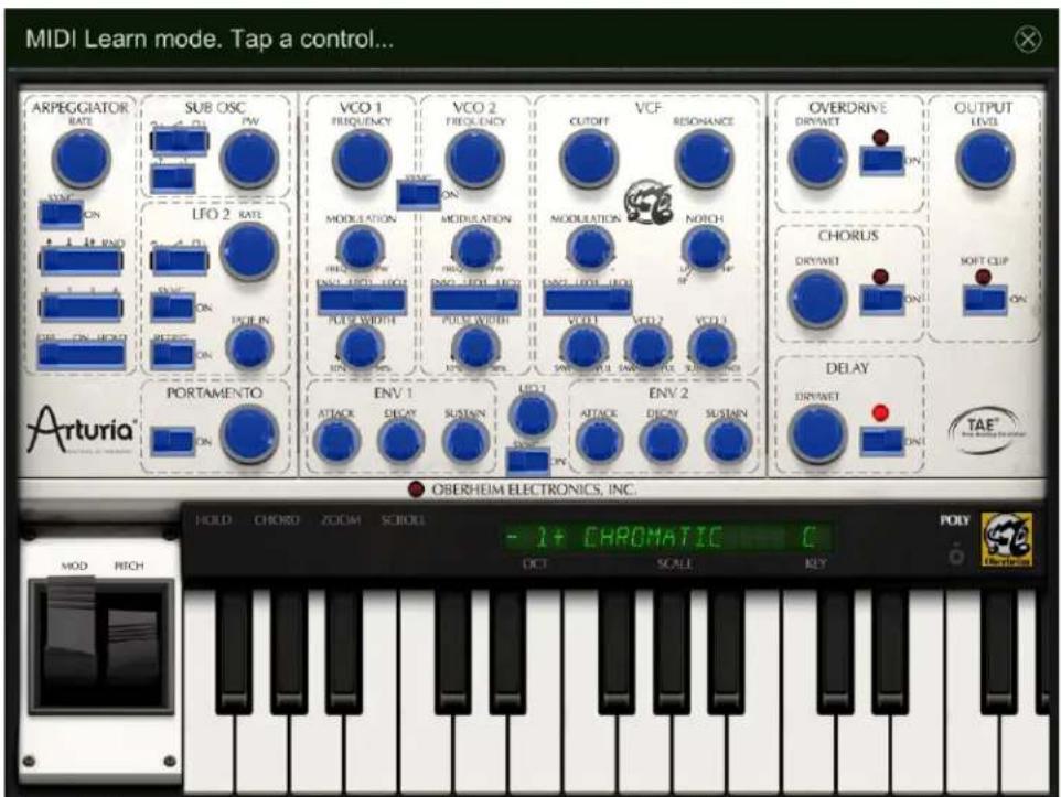 MIDI Learn mode. Tap a control... ARPEGGIATOR RATE SUB OSC PV VCO 1 FREQUENCY VCO 2 FREQUENCY CUTOFF VCF RESHANCE OVERDRIVE DRYWET OUTPUT LEVEL LFO 2 RATE ON MODULATION ON MODULATION MODULATION NOTCH CHORUS DRYWET ON SOFT CLIP ON PORTAMENTO ON ENV 1 ATTACK OCAY SUSTAIN LED1 ATTACK OCAY SUSTAIN ENV 2 ERRYWET ON DELAY TAE® TAE® OBERHEIM ELECTRONICS, INC. HOLD CHORD ZOOM SCROLL - 1+ CHromatic C POLY OCT SCALE KEY