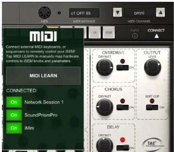 c1 OFF 65 omni MIDI MIDI MESSAGE MIDI CHANNEL FX PERF INFO CONNECT midi Connect external MIDI keyboards, or sequencers to remotely control your iSEM! Tap MIDI LEARN to manually map hardware controls to iSEM knobs and parameters. MIDI LEARN CONNECTED: On Network Session 1 On SoundPrismPro On iMini OVERDRIVE DRYWET ON OUTPUT LEVEL CHORUS DRYWET ON SOFT CLIP ON DELAY DRYWET ON TAE® Star Analog Connection