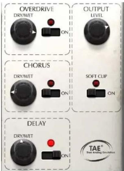 OVERDRIVE DRYWET OUTPUT LEVEL CHORUS DRYWET SOFT CLIP DELAY DRYWET ON TAE® True Analog Emulation