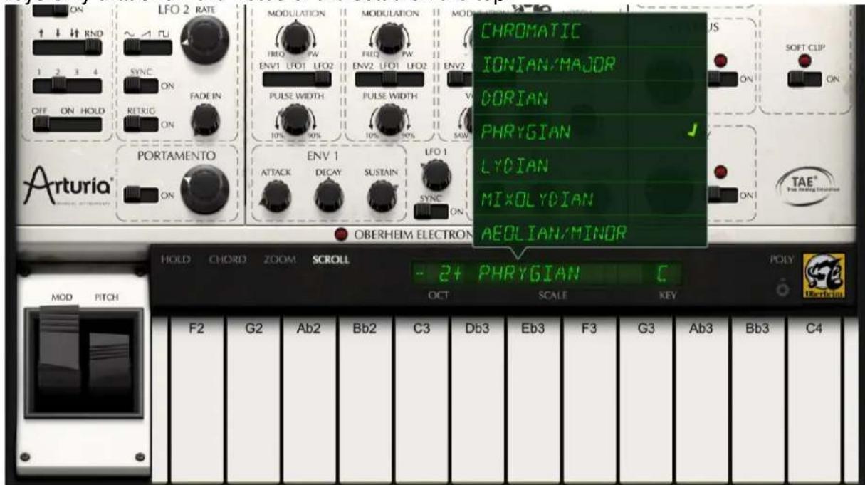 LFO 2 RATE MODULATION CHROMATIC IONIAN/MAJOR DORIAN PHRYGIAN LYDIAN MIXOLYDIAN AEOLIAN/MINOR PORTAMENTO ENV 1 LFO 1 OFF ON HOLD ON ENV 1 ATTACK DECAY SUSTAIN SYNC ON OBERHEIM ELECTRON HOLD CHORD ZOOM SCROLL - 2+ PHRYGIAN C POLY MOD PITCH F2 G2 Ab2 Bb2 C3 Db3 Eb3 F3 G3 Ab3 Bb3 C4