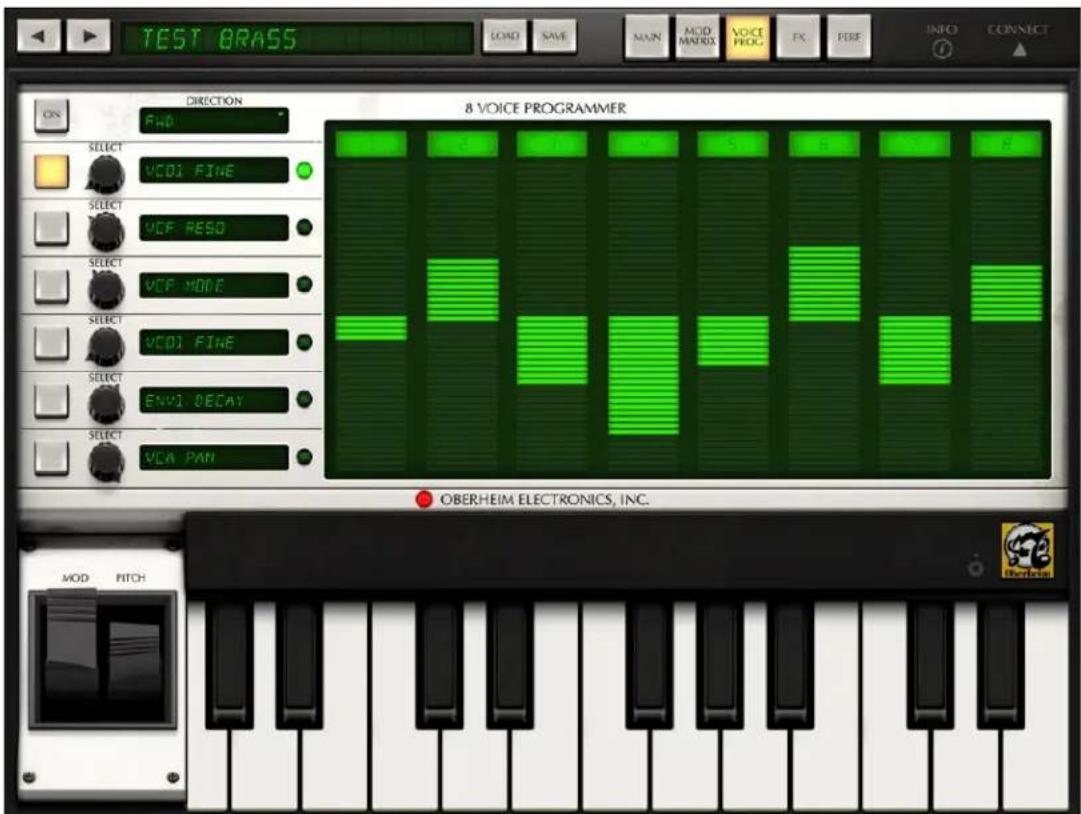 TEST BRASS LOAD SAVE MAIN ACID MANDS VOICE PROG FX PBE INFO CONNECT DIRECTION FHD SELECT VCOI FINE SELECT VCP RESO SELECT VCP MODE SELECT VCOI FINE SELECT ENV1 DECAY SELECT VCA PAN 8 VOICE PROGRAMMER OBERHEIM ELECTRONICS, INC. MOD PITCH